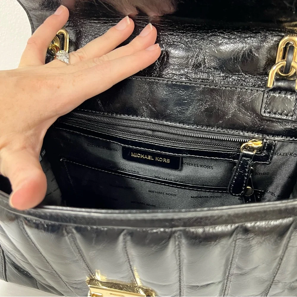 Michael Kors Whitney Large Quilted Crackle Leather Satchel Black